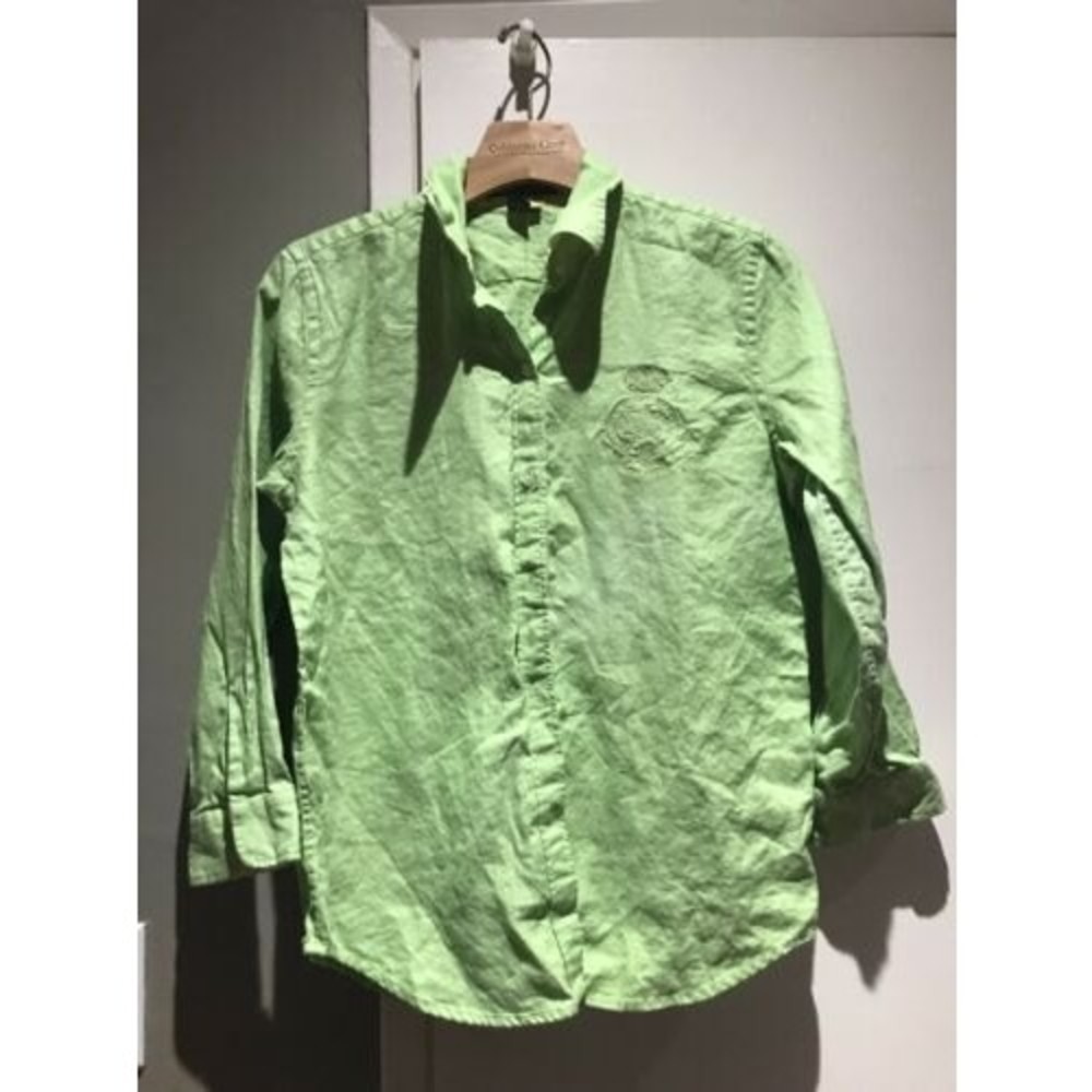 Ralph Lauren green 100% linen shirt Blouse with embroidered chest crest  sz s